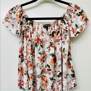 Floral flowy top, pink orange flowers, off the shoulder or strapless.